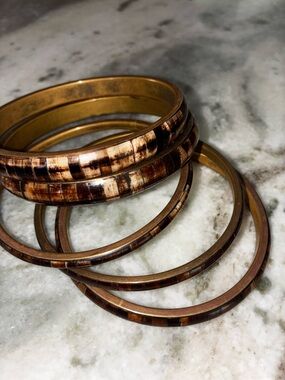 Vintage bone inlay brass bangle lot, 5
